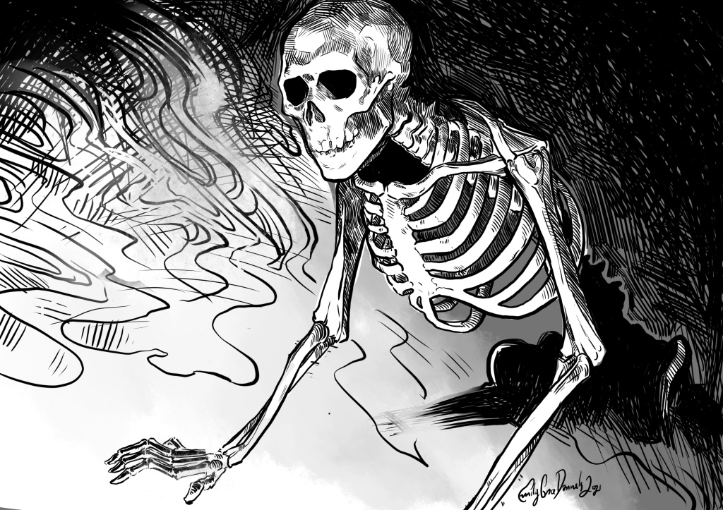 A skeleton, kneeling on the ground, with his palms flat in front of him. He is surrounded by darkness, but light and energy is emanating from the ground in front of him.