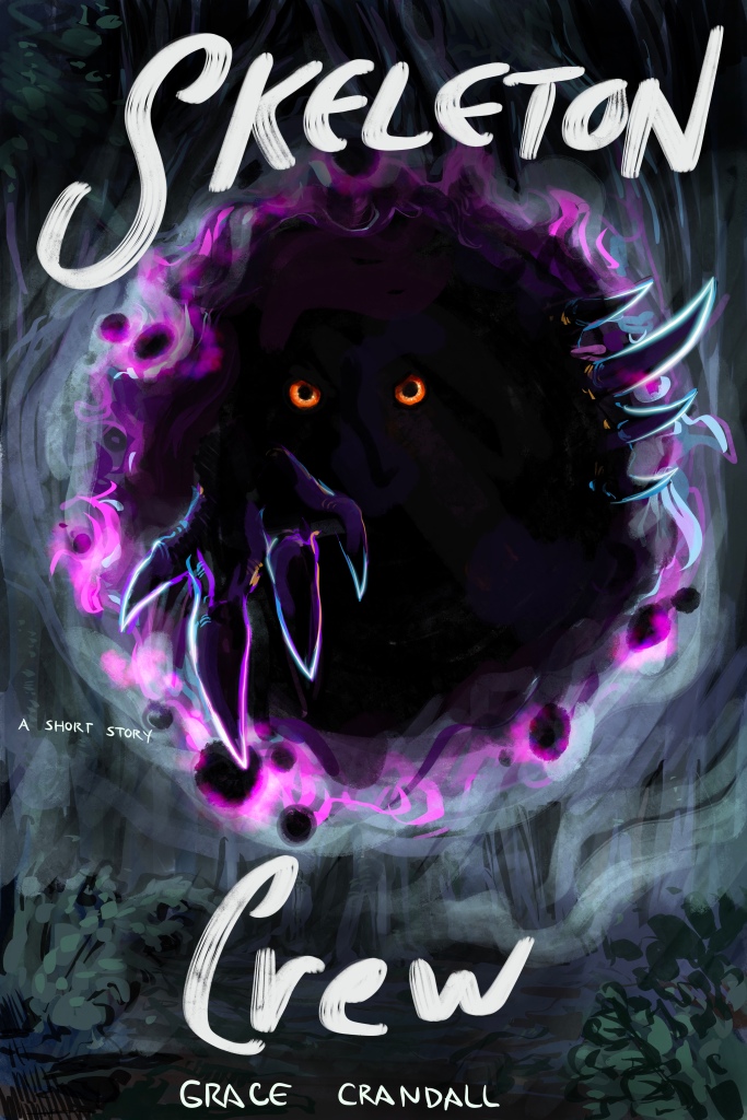 A glowing  purple portal in the middle of the woods. A creature with glowing eyes and black claws is emerging from it.